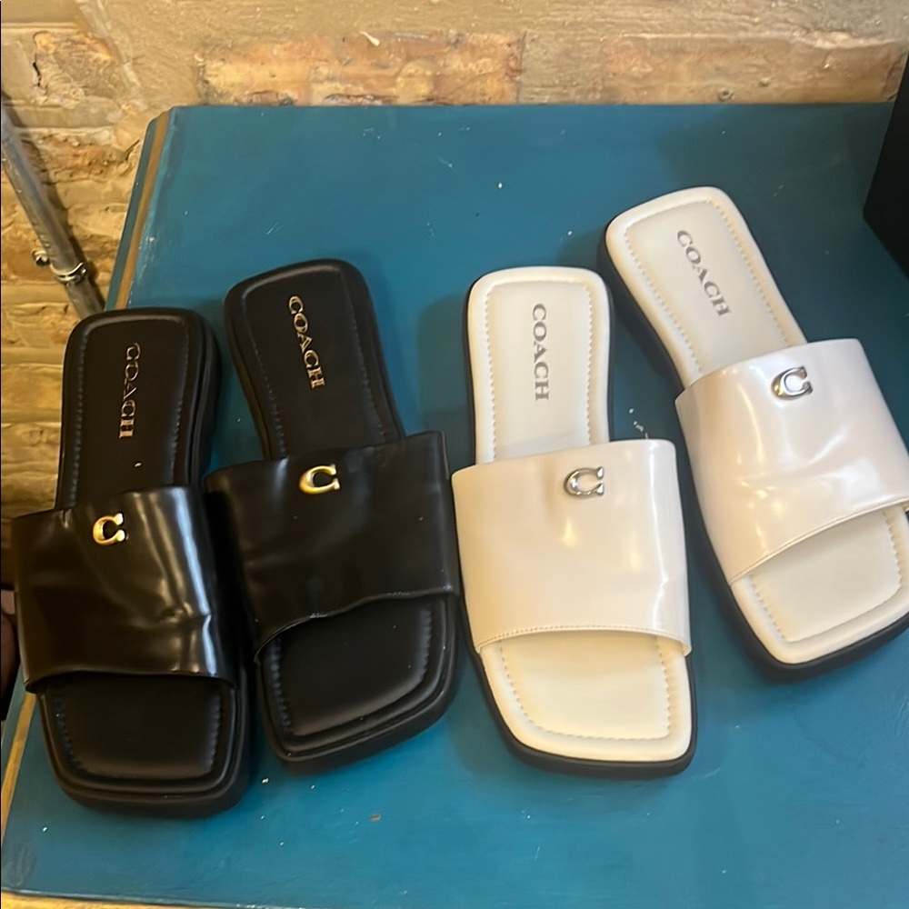 Coach Florence Sandals Black and White Leather Slides